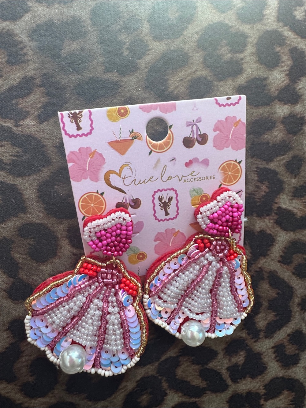 Cute Love Pink Beaded Shell Drop Earrings with Pearl Accent